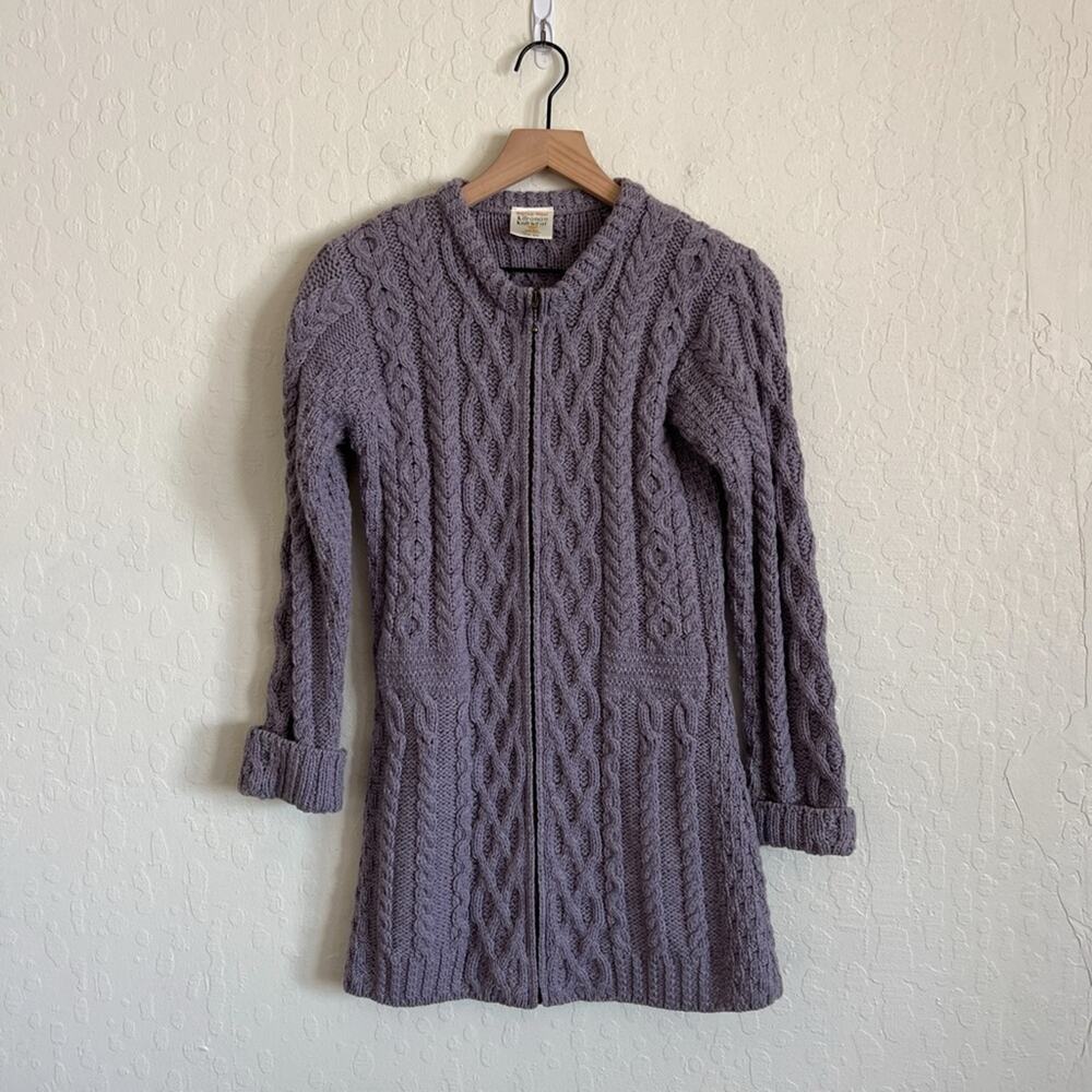 Kilronan Knitwear Irish Merino Wool Cable Knit Zip Up Cardigan Sweater XS Purple